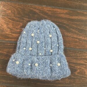 Natasha Couture Blue Knit Beanie with Pearls